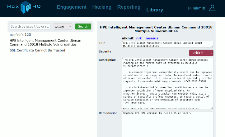 Screenshot of the library page