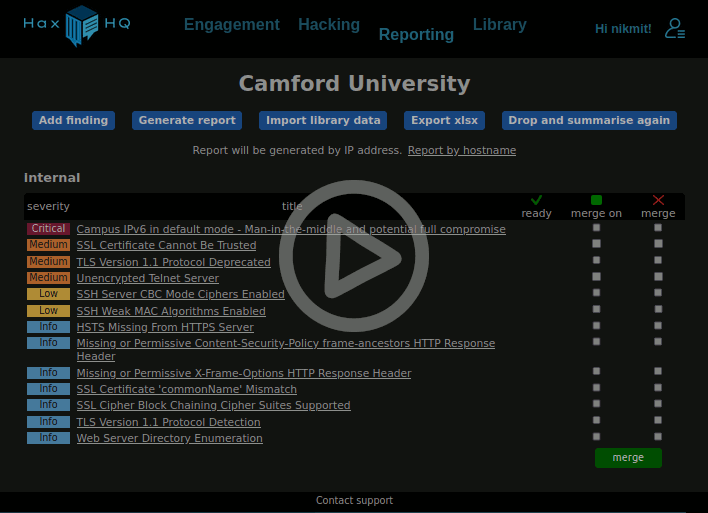 Screenshot of the reporting page